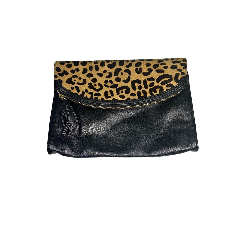 Express Fold Over Clutch Leopard Print and Black Faux Leather Purse